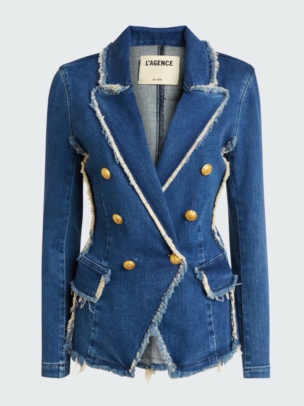 L'AGENCE Distressed Denim Double-Breasted Blazer in Blue